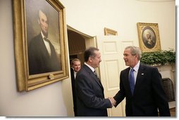 President George W. Bush welcomes Prime Minister Recep Tayyip Erdogan of Turkey to the Oval Office Wednesday, June 8, 2005. "Turkey's democracy is an important example for the people in the broader Middle East, and I want to thank you for your leadership," said the President in his remarks during the two leaders' meeting with the press. White House photo by Eric Draper