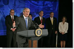 President George W. Bush discusses the Patriot Act at the National Counterterrorism Center in McLean, Va., Friday, June 10, 2005. "The Patriot Act has made a difference for those on the front line of taking the information you have gathered and using it to protect the American people," said the President.  White House photo by Eric Draper