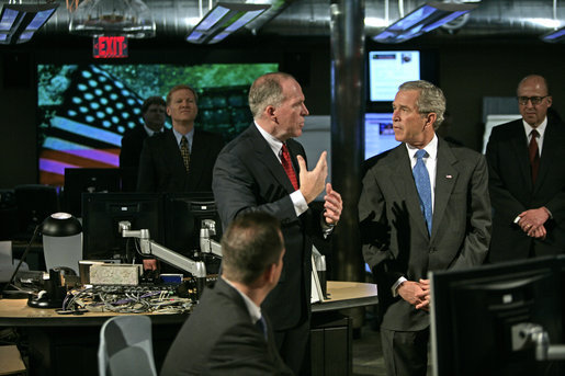 President George W. Bush tours the National Counterterrorism Center in McLean, Va., Friday, June 10, 2005. "I just met with some (of the men and women) who spend long hours preparing threat assessments, and it was my honor to tell them how much I appreciate their hard work and appreciate the daily briefing I get every single morning," said the President in his remarks after the tour. White House photo by Eric Draper