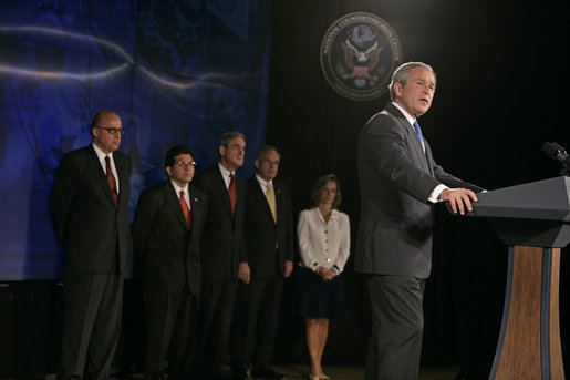 President George W. Bush discusses the Patriot Act at the National Counterterrorism Center in McLean, Va., Friday, June 10, 2005. "The Patriot Act has helped save American lives and it's protected American liberty," said the President. "For the sake of our national security, the United States Congress needs to renew all the provisions of the Patriot Act, and this time Congress needs to make those provisions permanent." White House photo by Eric Draper