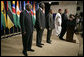 Standing with the Presidents of Botswana, Ghana, Namibia, Mozambique and Niger, President Bush discussed the African Growth and Opportunity Act, AGOA, in the Dwight D. Eisenhower Executive Office Building Monday, June 13, 2005. "All of us share a fundamental commitment to advancing democracy and opportunity on the continent of Africa," said the President. "And all of us believe that one of the most effective ways to advance democracy and deliver hope to the people of Africa is through mutually beneficial trade."  White House photo by Eric Draper