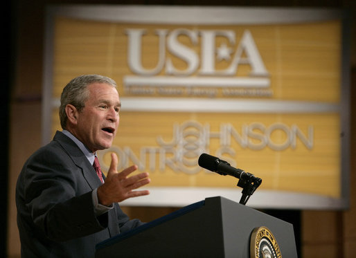 President George W. Bush delivers remarks on energy to the 16th Annual Energy Efficiency Forum in Washington, D.C., Wednesday, June 15, 2005. "By advancing the national dialogue on the future of energy, you're helping us support the cause of energy efficiency," said the President. "And that's critical for our economy and it's critical for the future of this nation." White House photo by Eric Draper