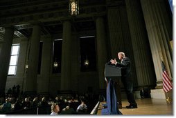 President George W. Bush delivers remarks at the National Hispanic Prayer Breakfast at the Andrew Mellon Auditorium in Washington, D.C., Thursday, June 16, 2005. "In America, people of faith have no corner on compassion, but people of faith need compassion to be true to the call to "Ame al projimo como a sí mismo," love your neighbor like you'd like to be loved yourself. That's a universal call," said the President.  White House photo by Eric Draper