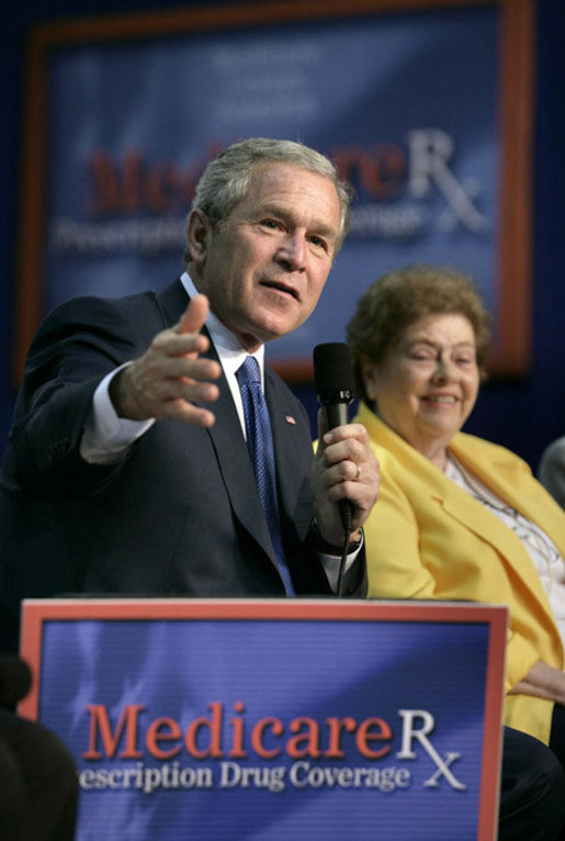 President George W. Bush makes a point during a Conversation on Medicare in Maple Grove, Minn., Friday, June 17, 2005. White House photo by Eric Draper