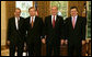 President George W. Bush stands with European Union leaders Monday, June 20, 2005, in the Oval Office. From left are: Javier Solana, Foreign Policy Chief of the European Union; Jean-Claude Juncker, European Union President; President Bush, and EU Commission President Jose Manuel Barroso. White House photo by Eric Draper