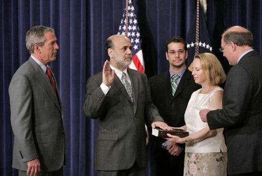 President George W. Bush attends the swearing-in ceremony for Dr. Ben Bernanke as the Chairman of the Council of Economic Advisors in the Dwight D. Eisenhower Executive Office Building Tuesday, June 21, 2005. White House photo by Paul Morse