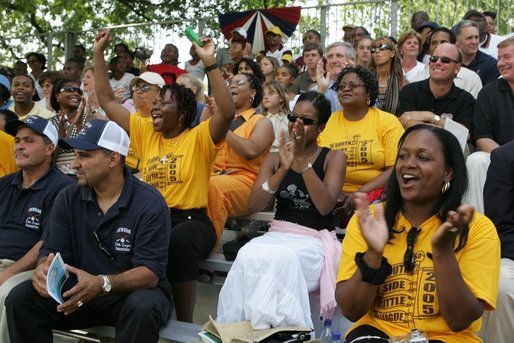 The cheers are for the kids Sunday, June 26, 2005, as the Black Yankees of Newark, N.J., take on the Memphis Red Sox of Chicago at "Tee Ball on the South Lawn." White House photo by Krisanne Johnson
