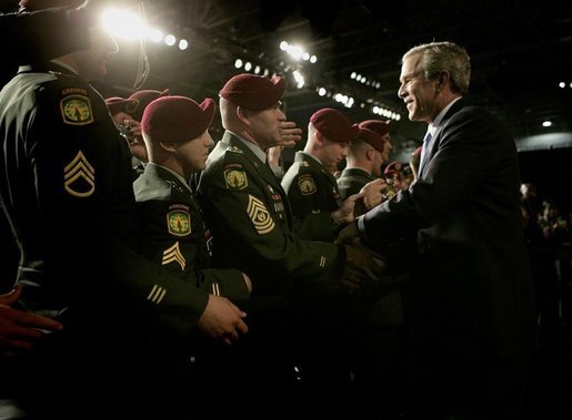 President George W. Bush greets soldiers after delivering remarks on the war on terror at Fort Bragg, North Carolina, Tuesday, June 28, 2005. White House photo by Eric Draper