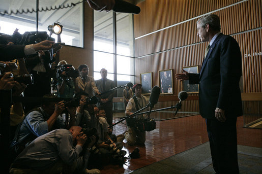 President George W. Bush addresses the press after visiting with wounded troops at Walter Reed Army Medical Center Friday, July 1, 2005. White House photo by Eric Draper