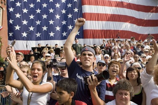 An estimated 3,000 celebrated Independence Day Monday, July 4, 2005, by cheering on President George W. Bush as he spoke at West Virginia University in Morgantown. White House photo by Krisanne Johnson