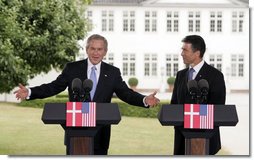 President George W. Bush and Danish Prime Minister Anders Fogh Rasmussen hold a joint press conference at his summer residence in Marienborg in Kongens Lyngby, Denmark, Wednesday, July 6, 2005. "Over a million people die of malaria on the continent of Africa on an annual basis, most of whom are under five years old," said the President talking about some of the issue that will be discussed at the G8 Summit. "This is a problem we can solve. I laid out an initiative the other day for $1.2 billion to help eradicate the scourges of malaria on the continent of Africa." White House photo by Paul Morse