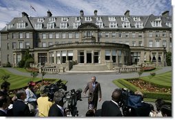President George W. Bush delivers a brief statement to the media outside the Gleneagles Hotel in Auchterarder, Scotland Thursday, July 7, 2005, regarding the terrorist attacks in London that occured earlier in the day.  White House photo by Eric Draper