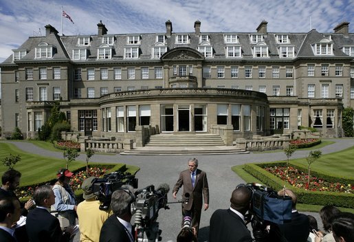 President George W. Bush delivers a brief statement to the media outside the Gleneagles Hotel in Auchterarder, Scotland Thursday, July 7, 2005, regarding the terrorist attacks in London that occured earlier in the day. White House photo by Eric Draper