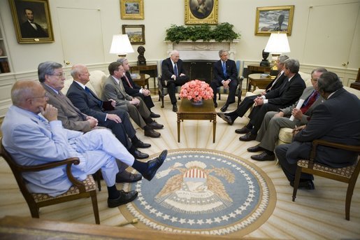 President George W. Bush meets with the bicameral and bipartisan members of Congress Tuesday, July 12, 2005, in the Oval Office of the White House. White House photo by Eric Draper