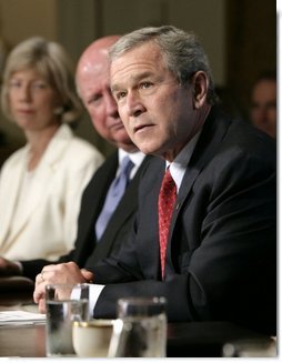 President Bush speaks to news reporters, Wednesday, July 13, 2005, prior to the start of a cabinet meeting at the White House. In background from left to right are cabinet members Secretary of Interior Gale Norton and Secretary of Energy Samuel W. Bodman.  White House photo by Eric Draper