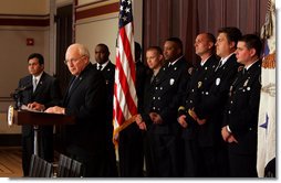 Vice President Dick Cheney and Attorney General Alberto Gonzales address recipients of the 2005 Public Safety Officer Medal of Valor Award and guests during a ceremony in the Dwight D. Eisenhower Executive Office Building Thursday, July 14, 2005. The Medal of Valor is awarded to public safety officers cited by the Attorney General for extraordinary courage above and beyond the call of duty. White House photo by David Bohrer