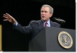 President George W. Bush delivers remarks on CAFTA-DR at Gaston College in Dallas, N.C., Friday, July 15, 2005.  White House photo by Eric Draper