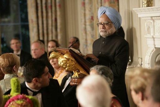India's Prime Minister Dr. Manmohan Singh addresses guests during dinner in the State Dining Room, Monday evening, July 18, 2005, at the White House. White House photo by Carolyn Drake