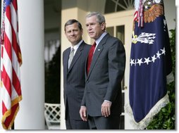 President George W. Bush stands with Judge John G. Roberts, his nominee to the Supreme Court, in the Rose Garden Wednesday morning, July 20, 2005, at the White House. White House photo by Eric Draper