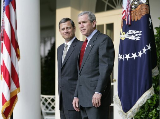 President George W. Bush stands with Judge John G. Roberts, his nominee to the Supreme Court, in the Rose Garden Wednesday morning, July 20, 2005, at the White House. White House photo by Eric Draper