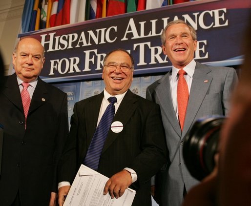 President George W. Bush meets with Chile's Jose Miguel Insulza, left, Secretary General, Organization of American States and Raul Yzaguirre, center, CEO of the National Council of La Raza, Thursday, July 21, 2005, following the President's address to the Hispanic Alliance for Free Trade in Washington. White House photo by Eric Draper