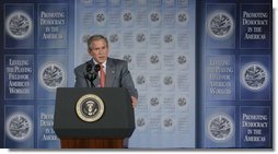 President George W. Bush addresses the Hispanic Alliance for Free Trade, Thursday, July 21, 2005, at the Organization of American States in Washington. President Bush thanked the group for their support of CAFTA.  White House photo by Eric Draper