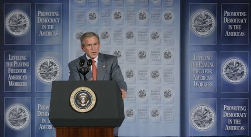President George W. Bush addresses the Hispanic Alliance for Free Trade, Thursday, July 21, 2005, at the Organization of American States in Washington. President Bush thanked the group for their support of CAFTA. White House photo by Eric Draper
