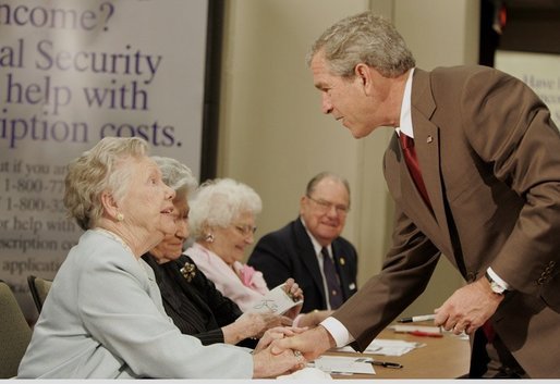 President George W. Bush meets with senior citizens, Friday, July 22, 2005, at the Wesley Woods Center in Atlanta, to talk about new options in Medicare. White House photo by Paul Morse