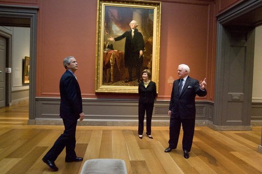 President and Mrs. Bush receive a tour of the Gilbert Stuart Exhibition at the National Gallery of Art from Earl "Rusty" Powell III, gallery director Monday, July 25, 2005, in Washington. White House photo by Krisanne Johnson