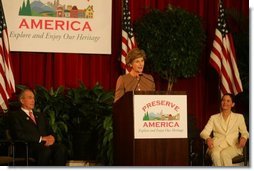 Laura Bush addresses an audience July 26, 2005 at a Preserve America neighborhoods event at the East Literature Magnet School in Nashville, Tennessee.  White House photo by Krisanne Johnson