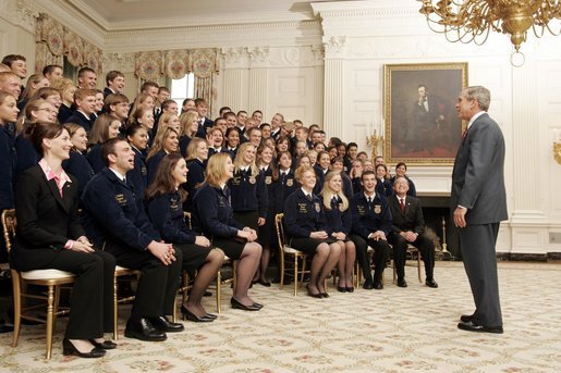 President George W. Bush visits with members of the National FFA Organization State Presidents' Conference Thursday, July 28, 2005, in the State Dining Room of the White House. Founded in 1928, the National FFA, is a youth organization that prepares middle and high school students for leadership, personal growth and successful careers through agricultural education, hands-on work experience and scholarship opportunities. White House photo by Paul Morse