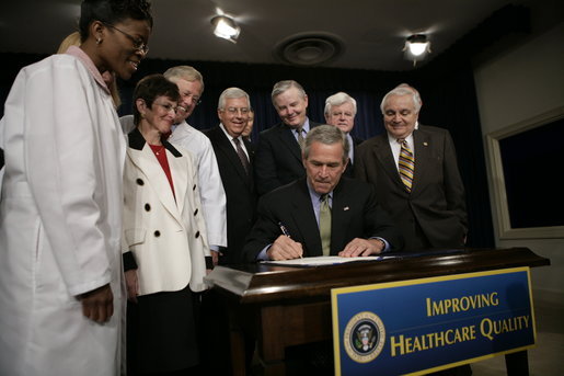 President George W. Bush signs the Patient Safety and Quality Improvement Act of 2005, at a signing ceremony Friday, July 29, 2005 at the Eisenhower Executive Office Building in Washington, D.C. White House photo by Eric Draper