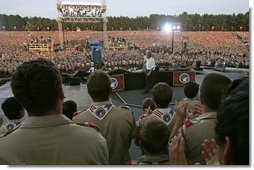President George W. Bush addresses tens of thousands of Boy Scouts during the 2005 National Scout Jamboree in Fort A.P. Hill, Va., Sunday, July 31, 2005.  White House photo by Paul Morse