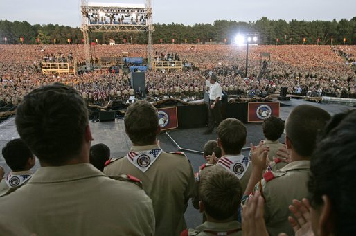 President George W. Bush addresses tens of thousands of Boy Scouts during the 2005 National Scout Jamboree in Fort A.P. Hill, Va., Sunday, July 31, 2005. White House photo by Paul Morse