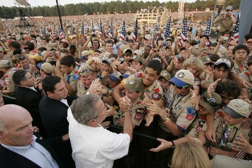 President George W. Bush greets some of the tens of thousands of Boy Scouts attending the 2005 National Scout Jamboree in Fort A.P. Hill, Va., Sunday, July 31, 2005. White House photo by Paul Morse