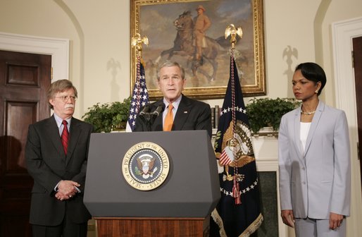 Accompanied by Secretary of State Condoleezza Rice, President George W. Bush announces his nomination of John Bolton, left, as the U.S. Ambassador to the United Nations Monday, Aug. 1, 2005, in the Roosevelt Room of the White House. White House photo by Paul Morse