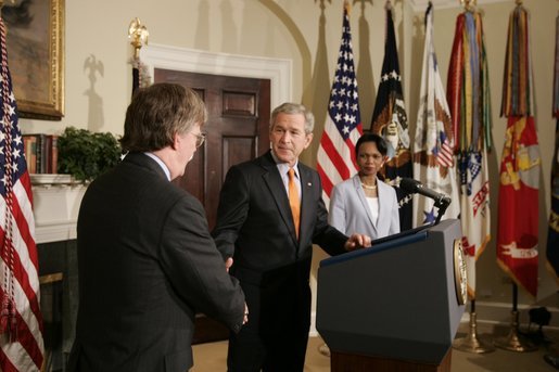 With Dr. Condoleezza Rice looking on, President George W. Bush shakes the hand of John Bolton after nominating him Monday, Aug. 1, 2005, as the U.S. Ambassador to the United Nations. White House photo by Paul Morse