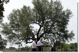 President George W. Bush and Colombian President Alvaro Uribe shake during a joint press conference at the President's Central Texas ranch in Crawford, Texas, on August 4, 2005.  White House photo by Paul Morse