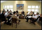 President George W. Bush and Vice President Dick Cheney listen Thursday, Aug. 11, 2005, to Secretary of Defense Donald Rumsfeld during a meeting with the Defense Policy and Program teams at the Bush Ranch in Crawford, Texas. White House photo by Eric Draper