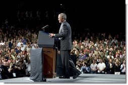 President George W. Bush addresses a crowd of military families, Wednesday, Aug. 24, 2005 in Nampa, Idaho, honoring the service of National Guard and Reserve forces serving in Afghanistan and Iraq.  White House photo by Paul Morse