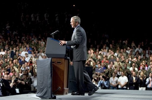 President George W. Bush addresses a crowd of military families, Wednesday, Aug. 24, 2005 in Nampa, Idaho, honoring the service of National Guard and Reserve forces serving in Afghanistan and Iraq. White House photo by Paul Morse