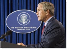 President George W. Bush gives remarks on Hurricane Katrina and the Iraqi constitution from his Crawford, Texas ranch on Sunday August 28, 2005.  White House photo by Paul Morse
