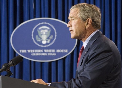 President George W. Bush gives remarks on Hurricane Katrina and the Iraqi constitution from his Crawford, Texas ranch on Sunday August 28, 2005. White House photo by Paul Morse