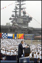 President George W. Bush speaks during a ceremony to commemorate the 60th anniversary of V-J Day at the Naval Air Station in San Diego, Calif., August 30, 2005. White House photo by Paul Morse