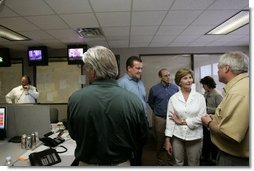 Laura Bush meets with first responders to Hurricane Katrina at the Acadian Ambulance Center in Lafayette, La., Friday, Sept. 2, 2005.  White House photo by Krisanne Johnson