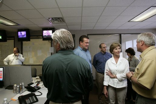 Laura Bush meets with first responders to Hurricane Katrina at the Acadian Ambulance Center in Lafayette, La., Friday, Sept. 2, 2005. White House photo by Paul Morse