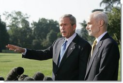 President George W. Bush and Secretary Michael Chertoff of the Department of Homeland Security, brief the media Friday, Sept. 2, 2005, on disaster relief in the wake of Hurricane Katrina. The President left the White House afterwards to fly to the stricken area. White House photo by Paul Morse