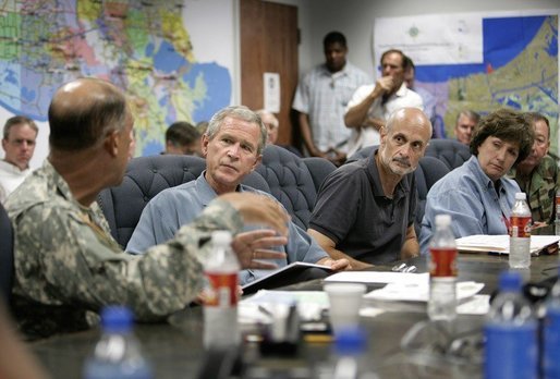President George W. Bush receives a briefing from U.S. Army Lt. General Russel Honore, left, inside the Emergency Operations Center in Baton Rouge, La., Monday Sept. 5, 2005, as Homeland Security Secretary Michael Chertoff, second from right, and Louisiana Governor Kathleen Blanco, right, join the meeting. White House photo by Eric Draper