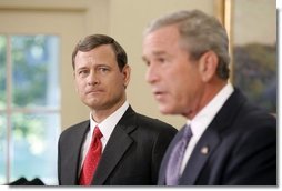 President George W. Bush announces from the Oval Office the nomination of Supreme Court justice nominee John Roberts as his nominee as Chief Justice on Monday morning September 5, 2005.  White House photo by Paul Morse