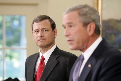 President George W. Bush announces from the Oval Office the nomination of Supreme Court justice nominee John Roberts as his nominee as Chief Justice on Monday morning September 5, 2005. White House photo by Paul Morse
